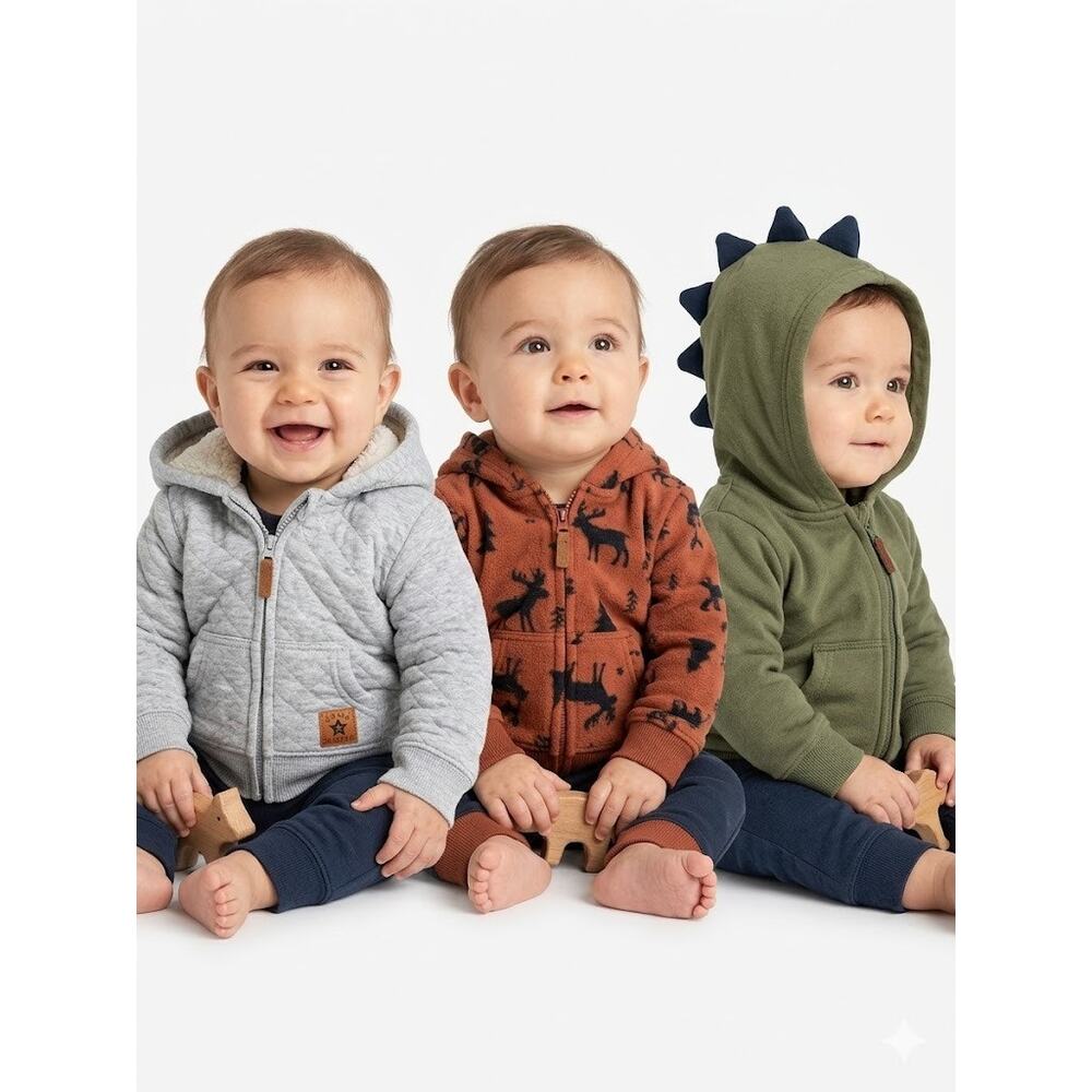 Mac & Moon Carter’s Lot 3 Baby Boy Hoodies Green Dino Quilted Moose 0-3M